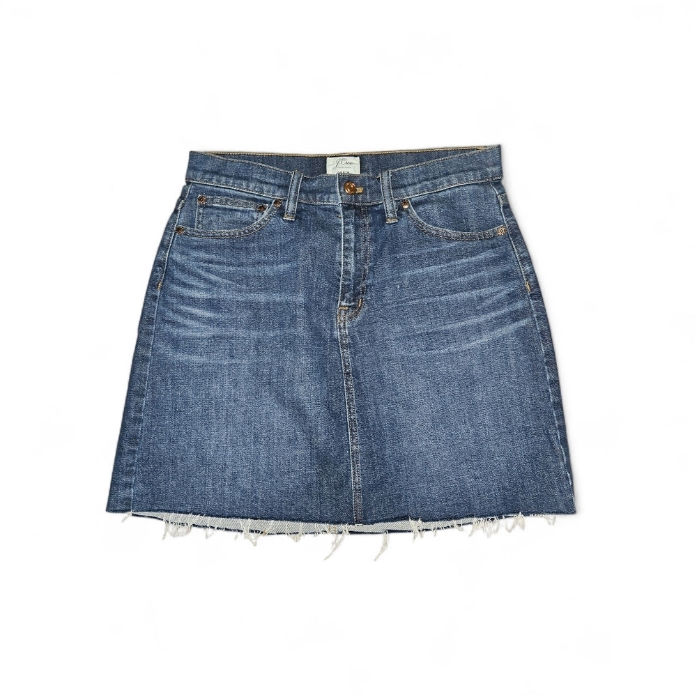 J.Crew Denim Mini Skirt Raw Hem Medium Wash Jean Skirt Size 27.